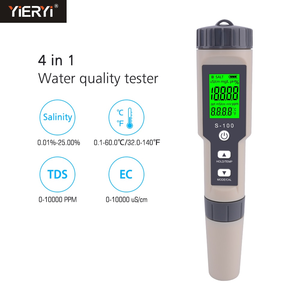 Yieryi S-100 Salinometer 4 in 1 TDS/EC/Salinity/Tem Meter Digital Water Monitor Tester For Pool SPA Salinity Tester
