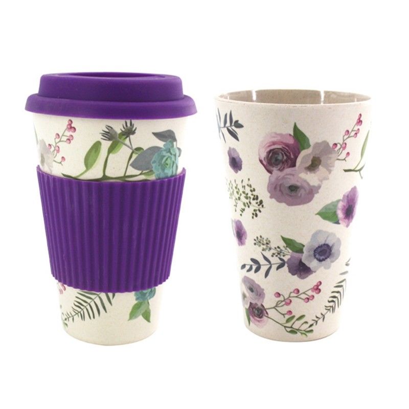 Portable Practical 400ml Reusable Bamboo Fibre Coffee Cups Fashionable Eco Friendly Printing Travel Mugs Useful: Purple
