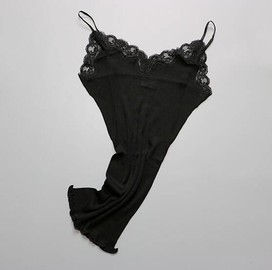 70% Zijde 30% Katoen Gebreide Kant Hemdje Vest Nachtkleding Spaghetti Band SJ309: black