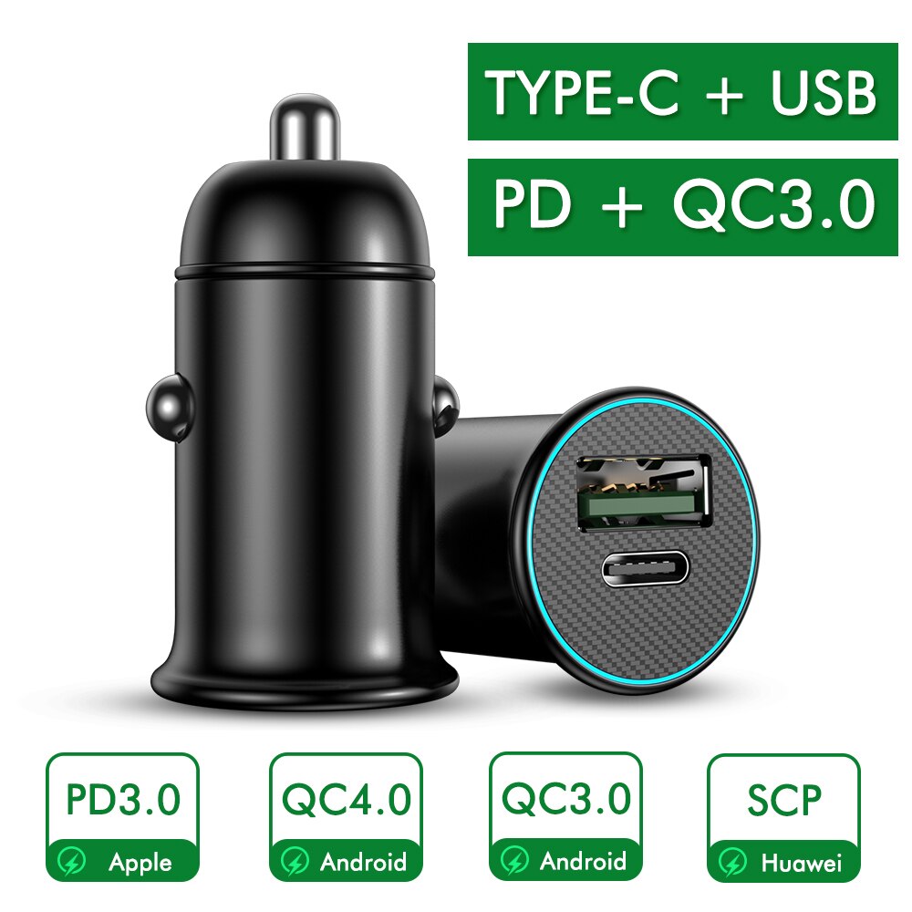 YKZ Car Charger PD 30W Mini Full Metal Dual QC3.0 4.0 USB Car Charger Type C Quick Charge For iPhone Samsung Huawei Mobile Phone: PD USB 30W black