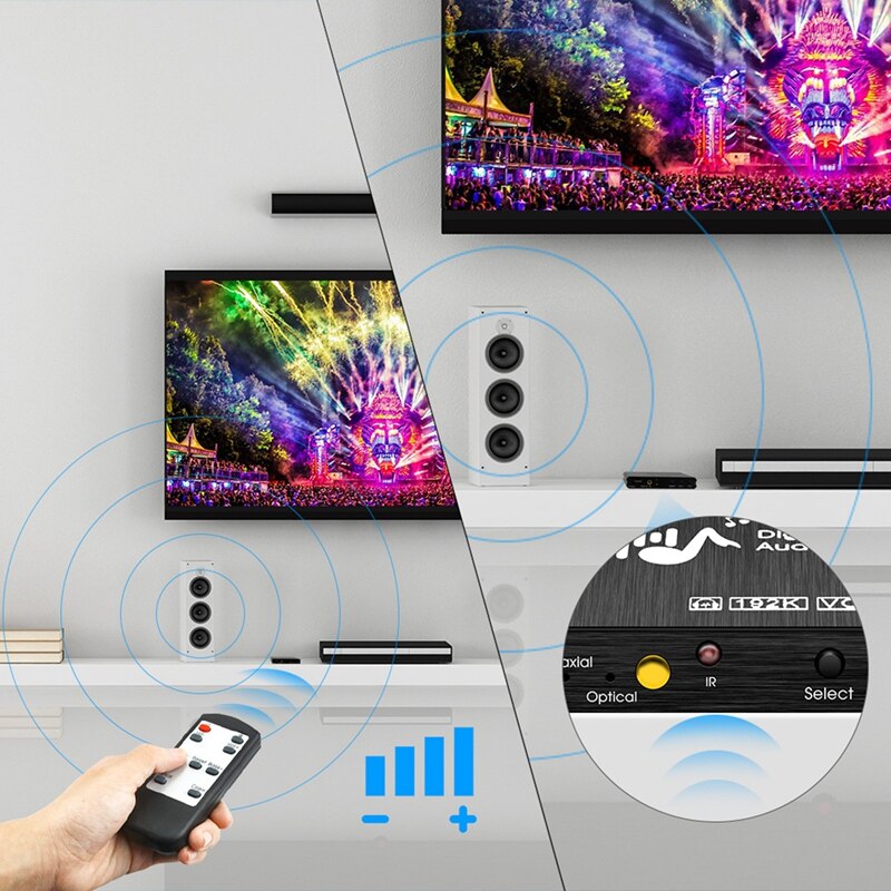 Digital to Analog Audio Converter 192KHz with Volume Control Bass Adjustment and Remote Control