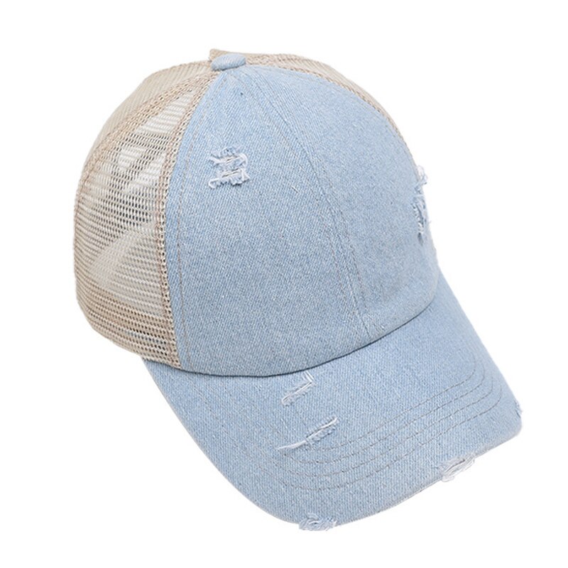 Anti Sun Cap Ripped Mesh Ponytail Criss Cross Baseball Cap Adjustable Hat H7JP: Sky Blue