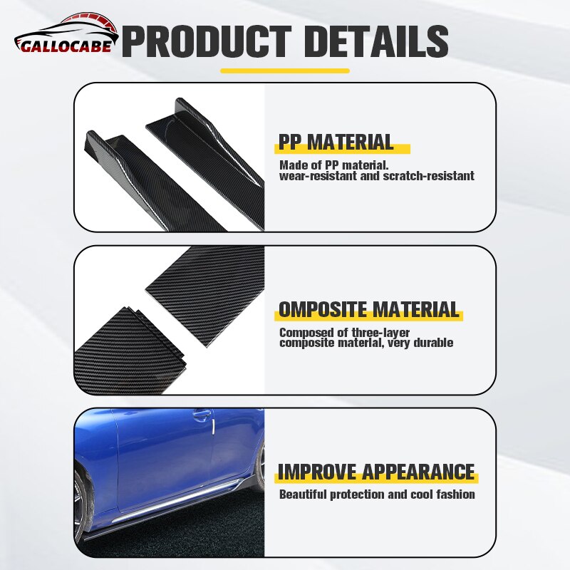 6PCS 2m/2.2m Universal Side Skirts Extension Rocker Panels Lip Splitters Bumper Car Styling For BWM Benz For Toyota Tesla For VW