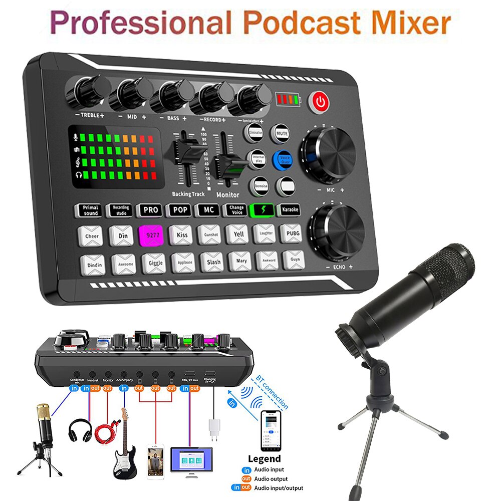 F998 Multifunctionele Tuning Geluidskaart Microfoon Mixer Kit Audio Opname Mixer Audio Mixing Console Versterker Voor Telefoon Pc