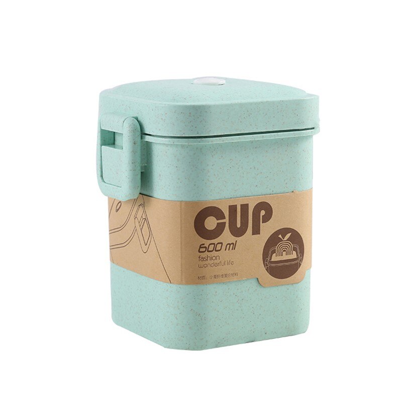 1000ml protable madkasse dobbelt lag hvede halm bento kasser mikrobølgeovn servise mad opbevaring container madkasse: Grøn suppekop