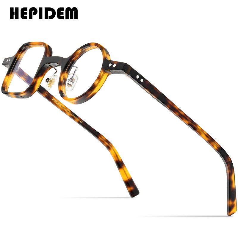 HEPIDEM Acetate Glasses Frame Men Retro Vintage Left Square Right Round Eyeglasses Myopia Optical Spectacles Eyewear 9155: Leopard