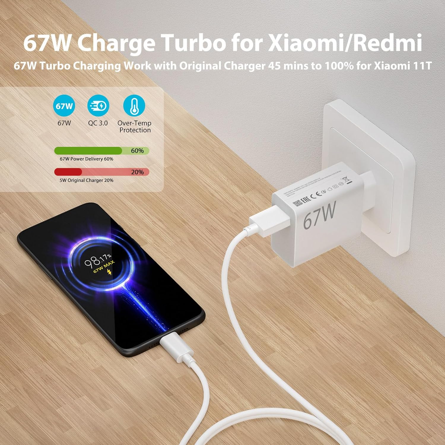 Chargeur Rapide 67W Pour Xiaomi Redmi - Compatible Mi 11/12/13, Note 11/12/13 Pro, Câble USB-C 1,5 M Inclus, Protection Multiple
