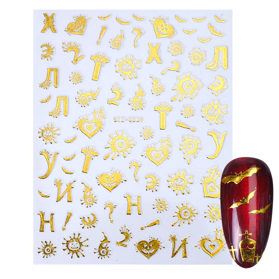 Halloween negler svarte klistremerker nail art dekaler edderkopp spøkelse gresskar kult skummelt skyveomslag negledekor manikyr chstzg 032-040: Stzg 039 gull