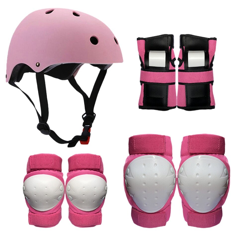 Beschermende Gear Set 7 In 1 Knie Elleboog Pads Pols Guards Helm Multi Sport Veiligheid Bescherming Voor Kinderen Tieners Scooter schaatsen: Roze / L
