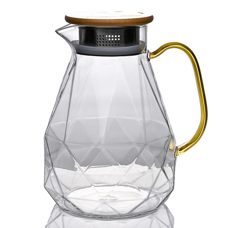 Diamant Patroon Glas Water Jug Transparante Home Karaf Warm Koud Water Pitcher Hittebestendige Koffie Theepot Met Bamboe Houten Deksel: Water Kettle 1500ml