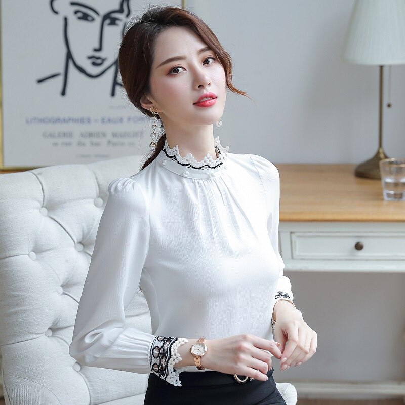Women shirt Slim autumn Long sleeve Standing collar splice OL Formal Blouses & Shirts Woman 6515: White / 4XL