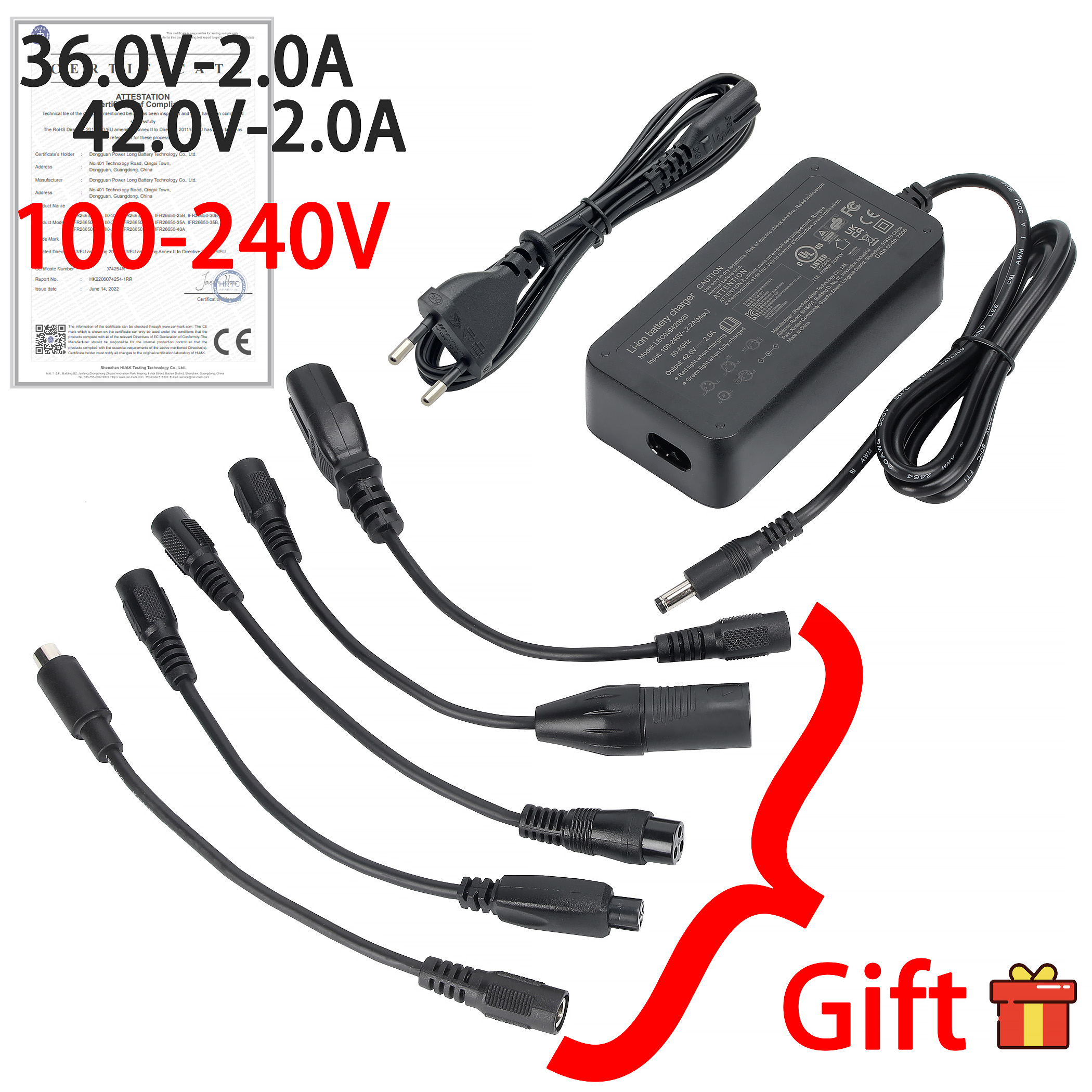 36V E-Bike Charger 42V 2A - 10S Li-ion/Li-poly Compatible, Free Euro Converter, Fast Safe Charging