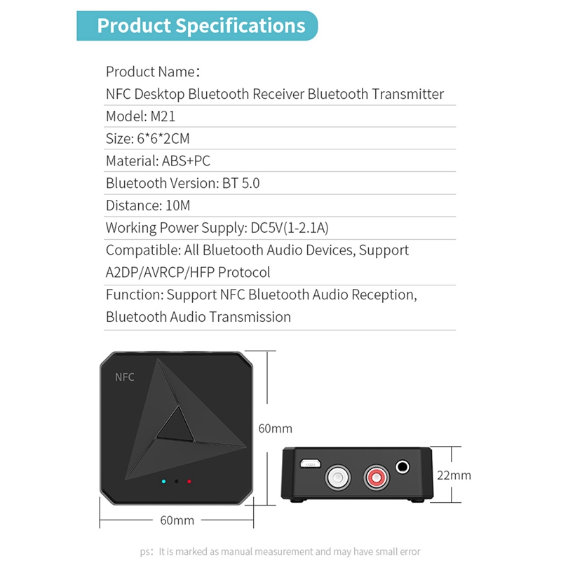 Nfc Bluetooth 5.0 Rca Audio Ontvanger Zender 3.5Mm Aux Usb Jack Muziek Stereo Draadloze Adaper Met Mic Voor Auto T V Pc