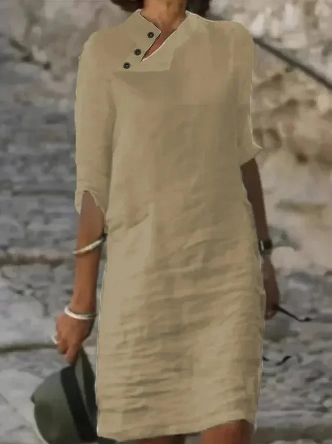 Spring Cotton Linen Women's Dress White Stand Collar Half Sleeve Buttons Dresses Female Casual Loose Ladies Clothes: M / SKY BLUE