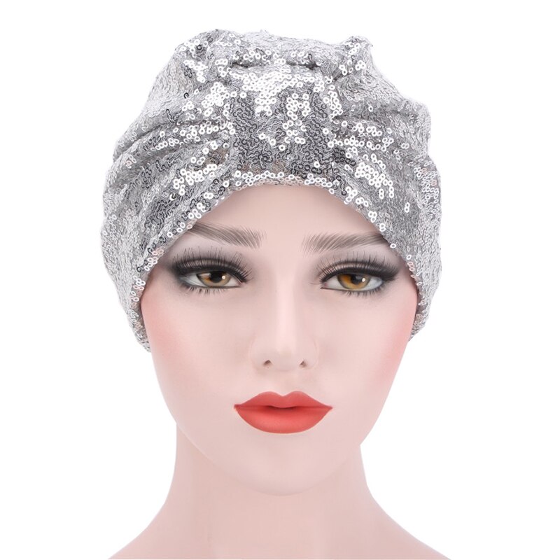 Couvre-tête à motif de paillettes pour femmes, Turban, Bonnet, chapeau, écharpe musulmane, casquette, nœud rond réutilisable, Harajuke: Argent