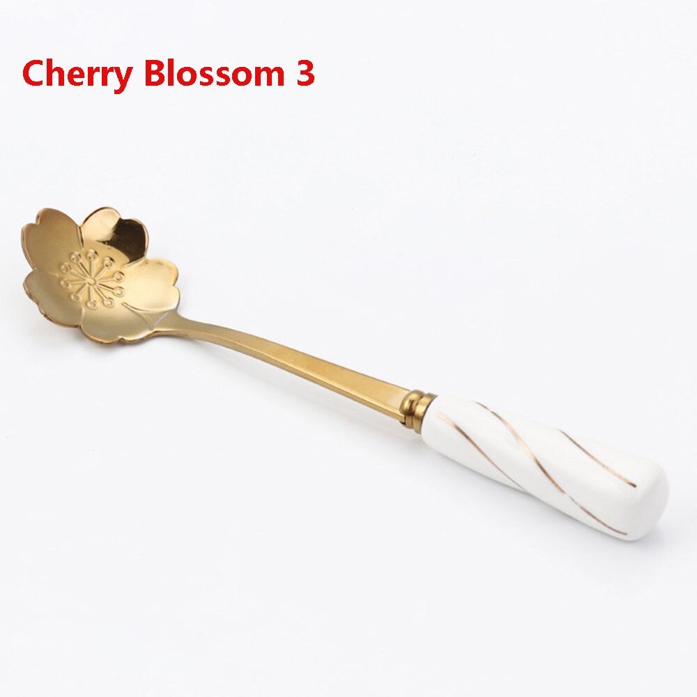 Cherry Blossom Rose Flower Spoon Gold Silk Ceramic Handle Sweet Spoons Gold-plated Coffee Stirring Spoon Tableware: Cherry Blossom 3