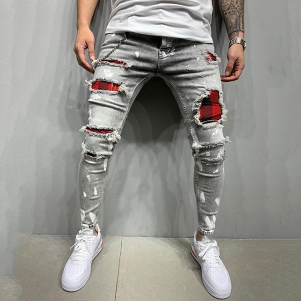 Men Jeans Solid Color Patchwork Skinny Fit Ripped Jeans Stretch Denim Pants Women clothing Streetwear мужские комплекты