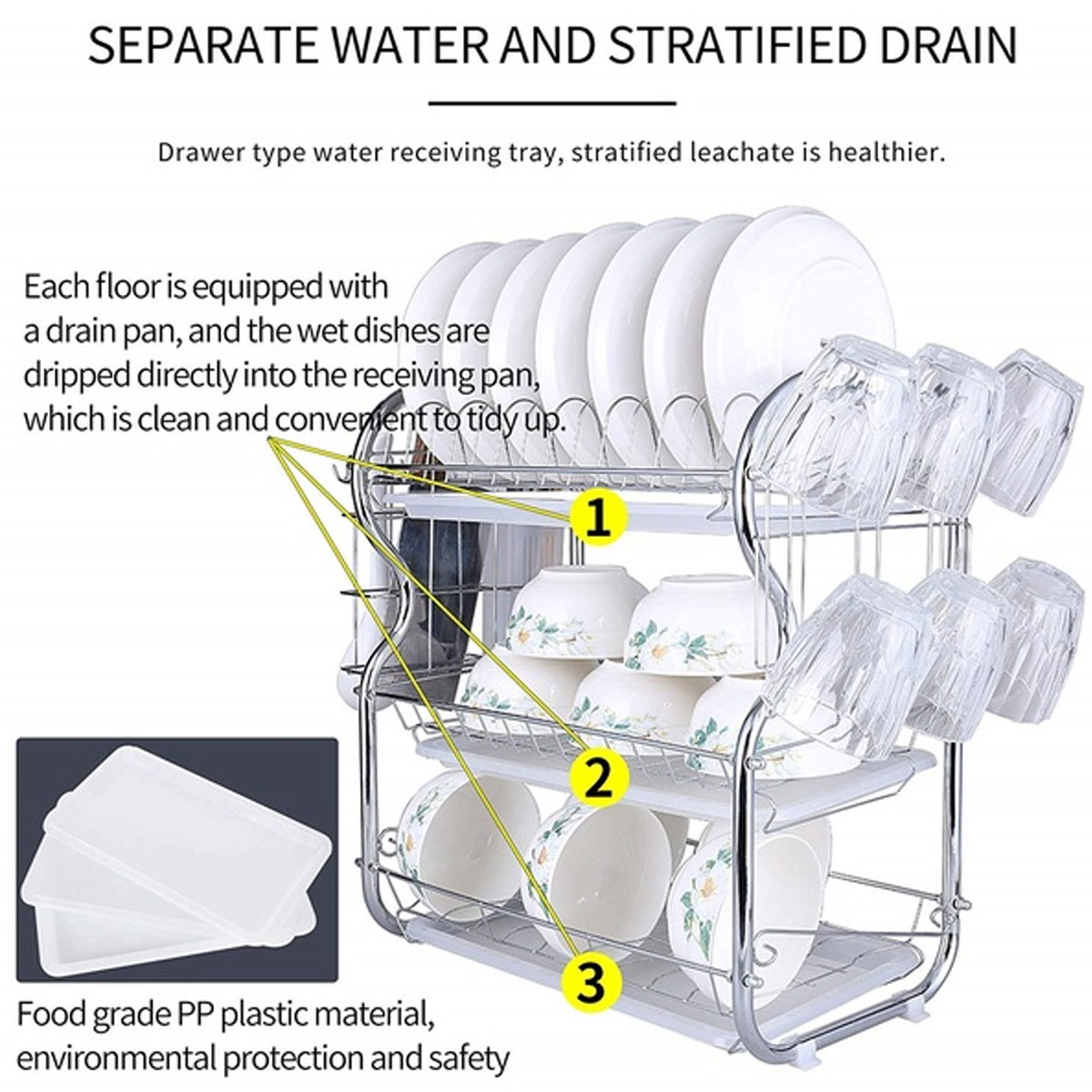 Estante de secado de platos de 2/3 niveles, cesta de hierro chapado, soporte para lavado del hogar, escurridor de platos para fregadero de cocina, estante organizador