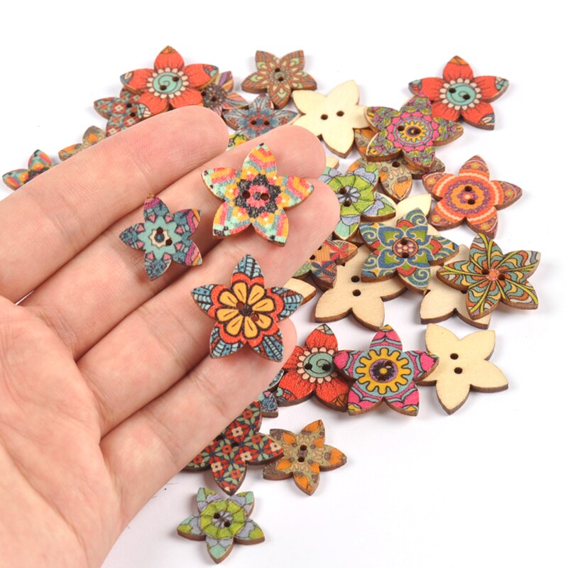 50pcs Mixed Star Buttons Flower Pattern Wooden Button 2 Holes for DIY Sewing Garmen Decoration Clothing Craft Accessories MT2269