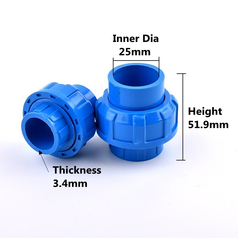 1Pc 20 25 32 40 50mm ID Thickening Blue PVC Union Joint PVC Pipe Connector For Irrigation Garden Hydroponic System: Inner Dia 25mm