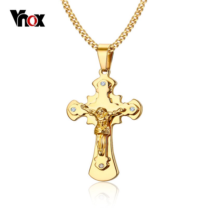 Vnox Jesus Crucifix Cross Ketting Hanger Goud-kleur Rvs Religieuze Sieraden voor Mannen
