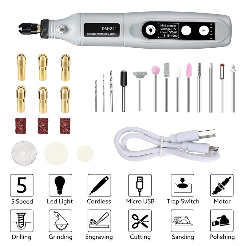 Mini Electric Grinder Set Cordless Rotary Tool 5 Variable Speeds Wood Carving Pen USB Electric Rotary DIY Grinder