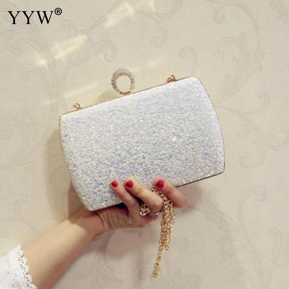 Vrouwen Wit Pailletten Keten Handtas Sparkling Party Vinger Ring Avond Envelop Clutch Bag Hard Wallet Tote Purse: white