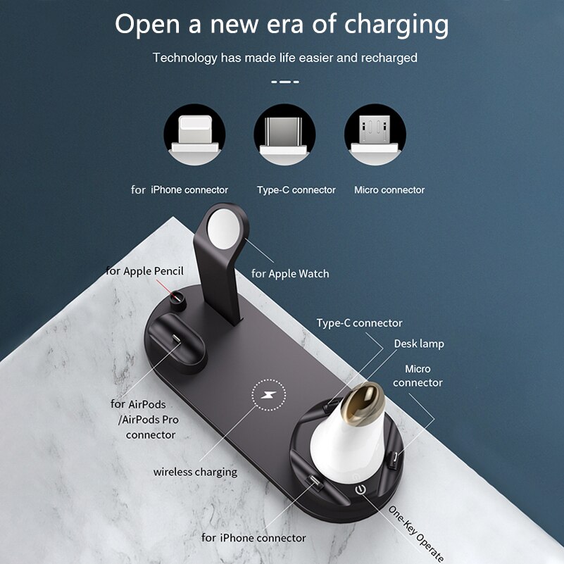 6 in 1 Wireless Charger Pad Night Lamp for Airpods Apple watch Charger Dock 10W Fast Wireless Charging for iphone 11 pro Samsung