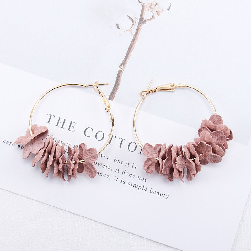 Qingwen Fabric Flower Earrings for Women Colorful Petal Circle Big Fancy Earring Jewelry CE00528: pink