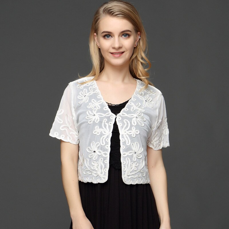 Moslim Stijl Zomer Dunne Korte Mouw V-hals Vrouwen Vest Bolero Borduren Bloemen Strass Kant Mesh Shrugs Jacket