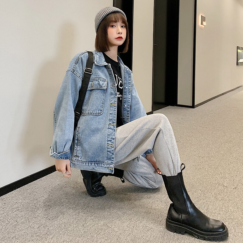Vintage jeansjacka dam vårkappa sliten oversized ytterkläder kappor vindjacka pojkvän kvinnlig jeansjacka plus size: Foto blått / S