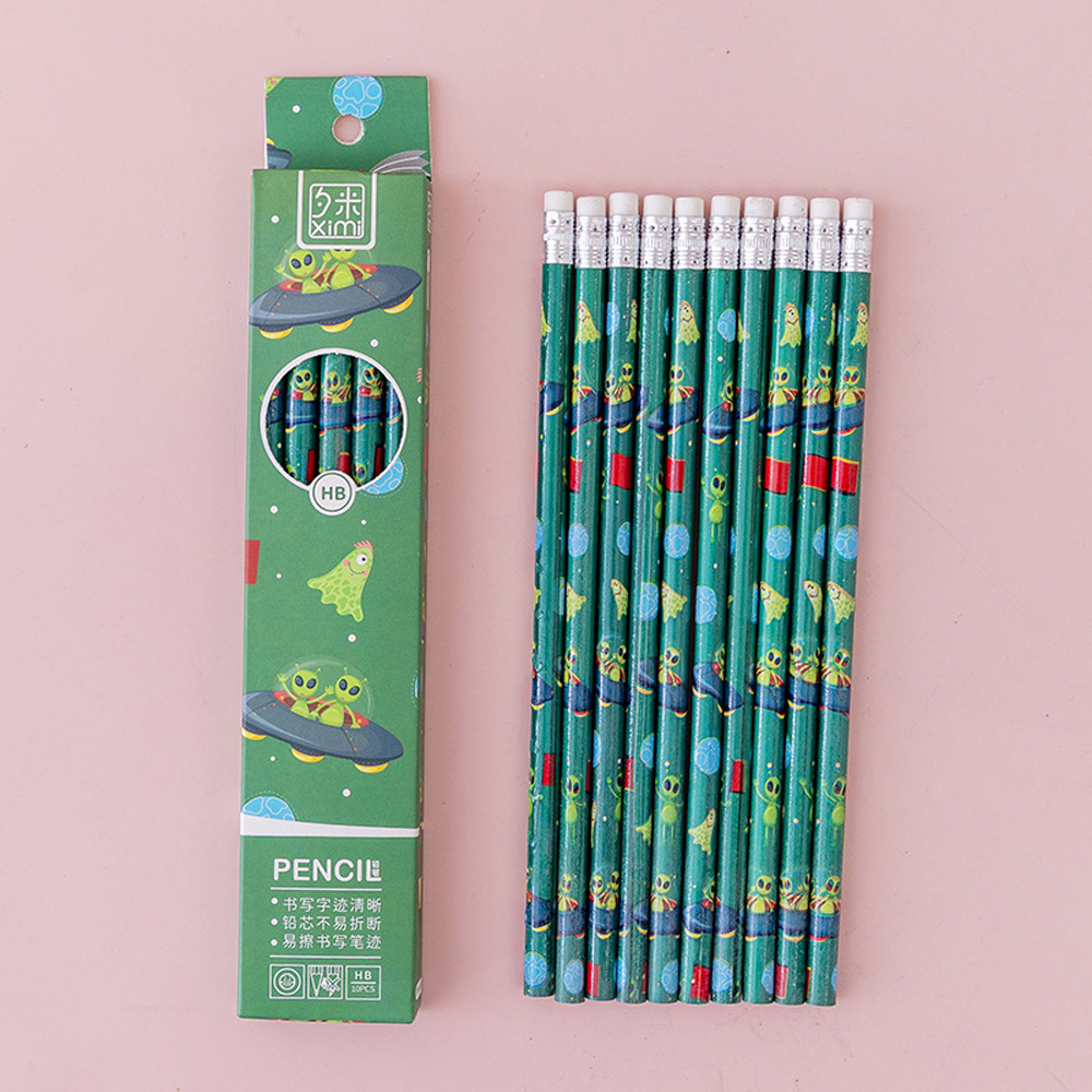 10Pcs/lot Cartoon Boxed Pencils Student Writing Drawing Sketch Pen Set Wooden HB With Eraser Pencil Stationery School Supplies: D