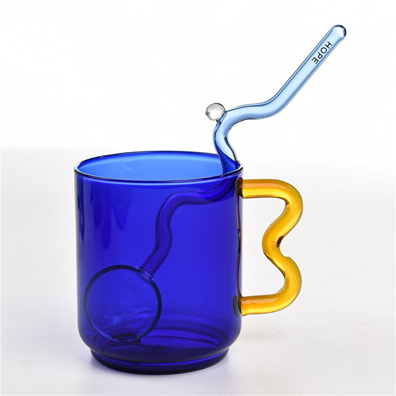 Tasse à café en verre coloré avec poignée d'oreille, tasse à expresso, pour jus de fruit, pour le bureau, pour le petit déjeuner, couleur contrastée,: Cup With Spoon D
