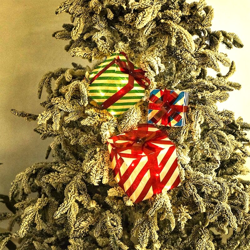 3pcs Lighted Boxes Christmas Decorations with Bows Red Green Blue Stripe Box Party Home Yard Decor