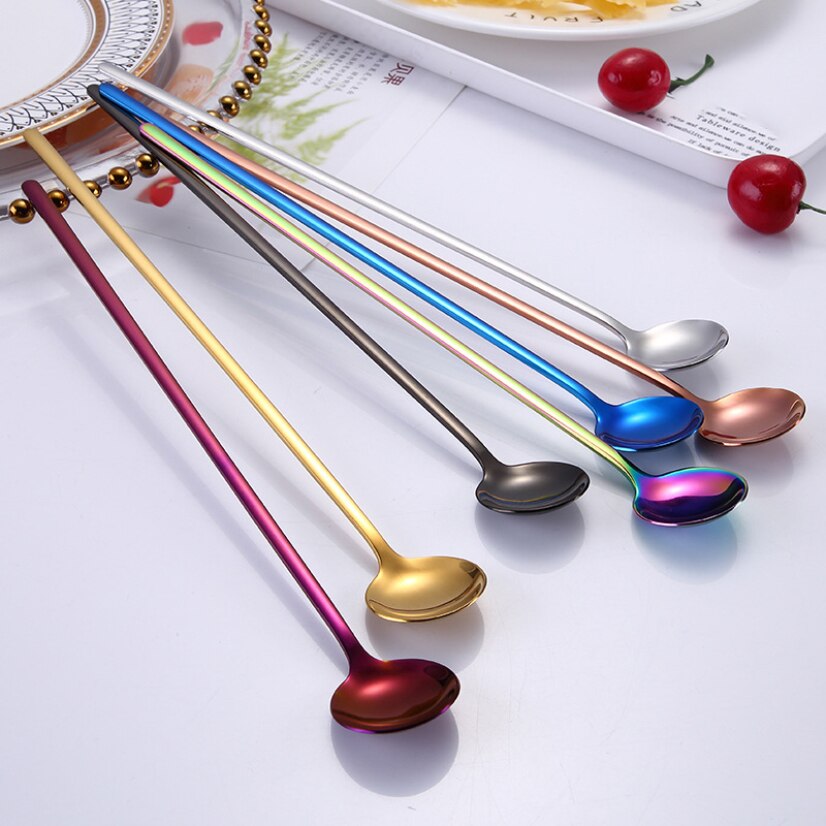 Coffee Tea Stirring Spoon Stainless Steel Dessert Bar Spoon Long Handle Milk Ice Cream Spoon Golden Tableware Household Utensils