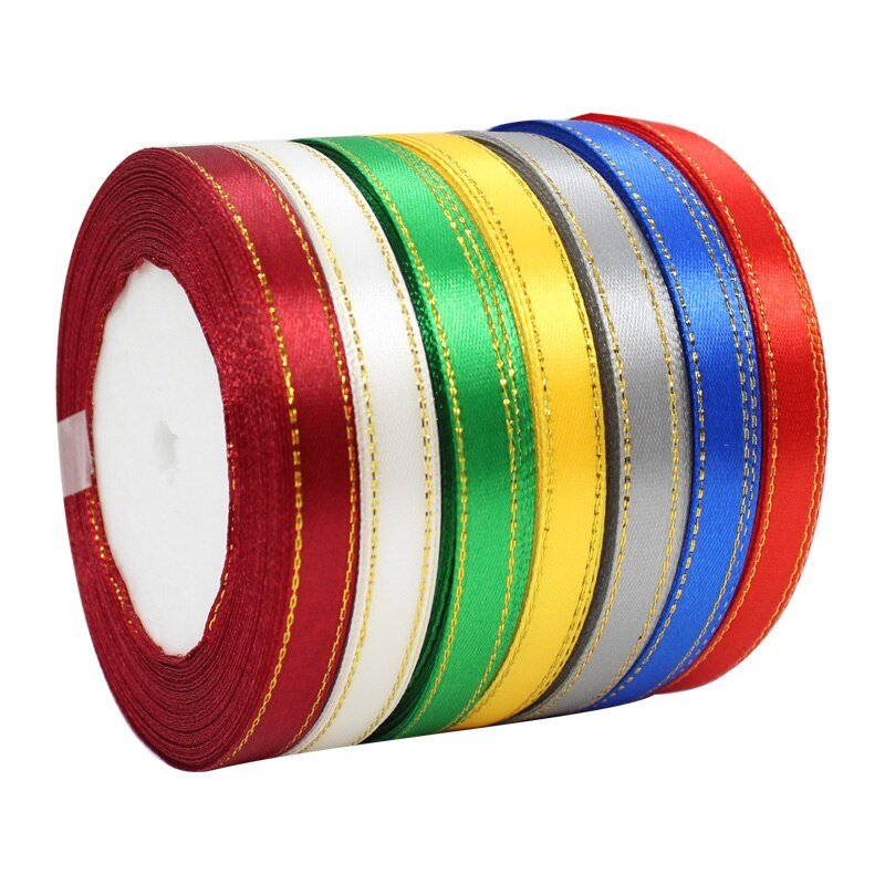 3/8" 10mm 25yards Gold Edges Satin Ribbon Wedding Happy Birthday Box Packaging Decorations DIY Craft Bow