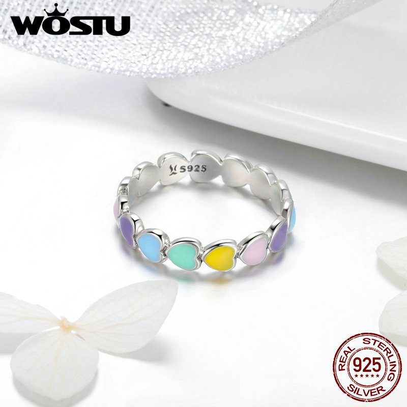 WOSTU 925 Sterling Silver Multi-Color Rainbow Heart Finger Rings For Women Anniversary Ring Jewelry CQR444