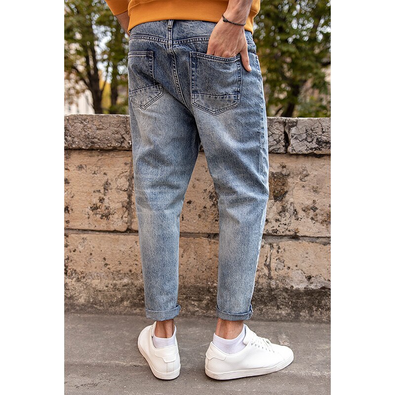 KUEGOU 100% Cotton Autumn Spring Loose Tapered jeans loose ankle-length Men Harem Pants Blue Trousers Plus Size KK-2903