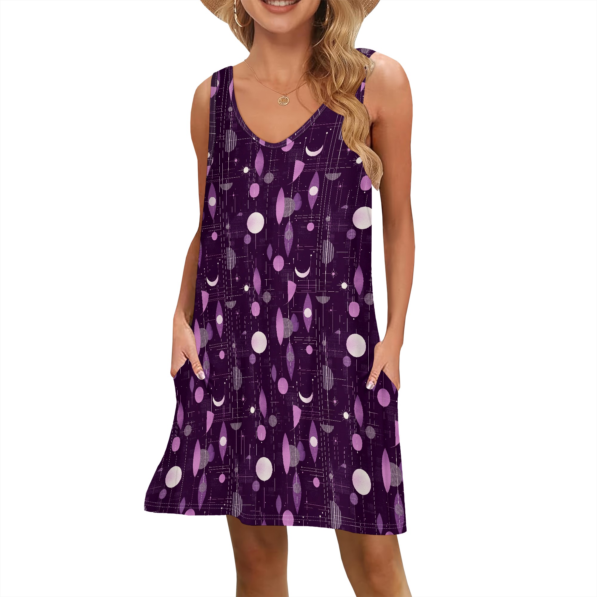kosmisch sternenklar Himmel Kleid, ärmellos, lila Mondmuster, A-Linie, V-Ausschnitt, XS-2XL, mit Taschen für Feste und Ausgehen: XL / Lila