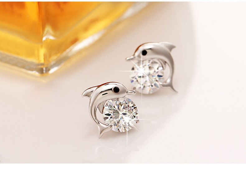 Joyería de plata de ley 925 auténtica para mujer, aretes pequeños con cierre de tuerca con forma de delfín,