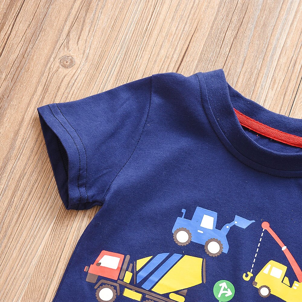 Summer Fashionable Little Boys T-shirt Cartoon Car Printing Short Sleeve Round Collar Top Children Casual Clothes