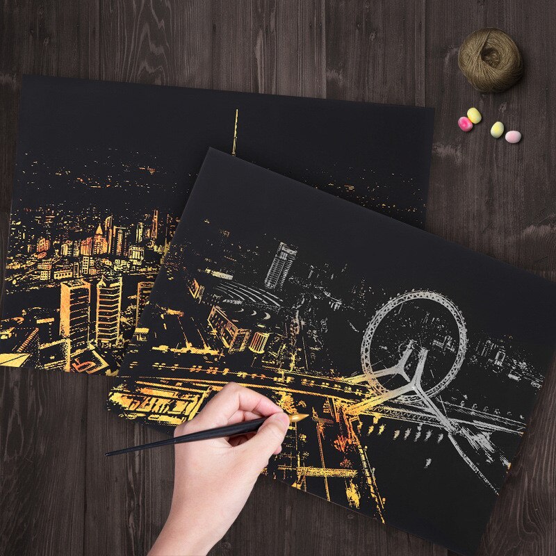 DIY Scraping Painting 40.5x28.5 CM World Famous City Building Night View Magic Art Scratch Paper Children Drawing Toy Decoration