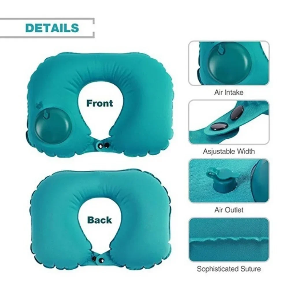 U-formet oppblåsbar pute, sammenleggbar, flokket nakkepute, bærbar til reise, pute, fly, bil, nakkestøtte, sovepute