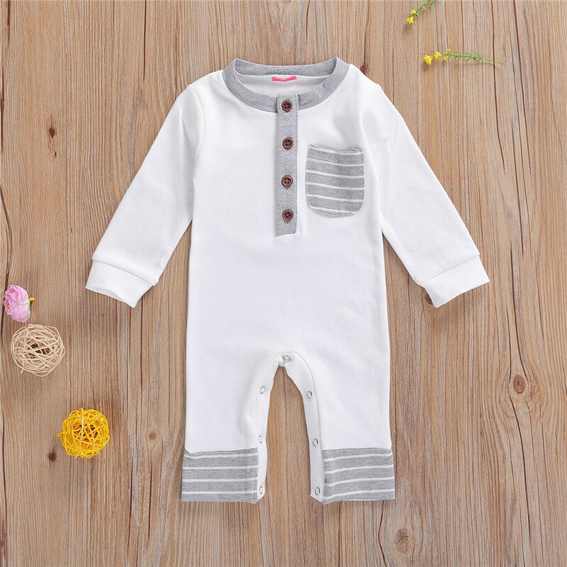 0-24M Pasgeboren Baby Jongens Gestreepte Romper Met Pocket Knop O-hals Jumpsuit Voor Baby Peuter Kids Lente Herfst jumpsuits: WHITE / 18m