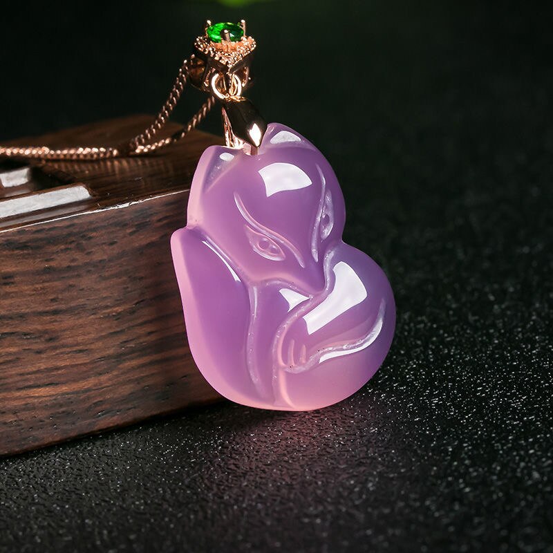 Natural Purple Agate Fox Pendant Necklace Jewellery Accessories Hand-carved Man Woman Lucky Amulet Sweater Chain