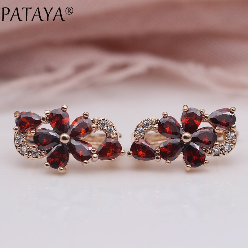 PATAYA Water Pruimenbloesem Dangle Oorbellen Vrouwen Mode Trendy Sieraden 585 Rose Goud Bloemblaadje Natuurlijke Zirkoon Blauw Oorbellen: Pomegranate Red