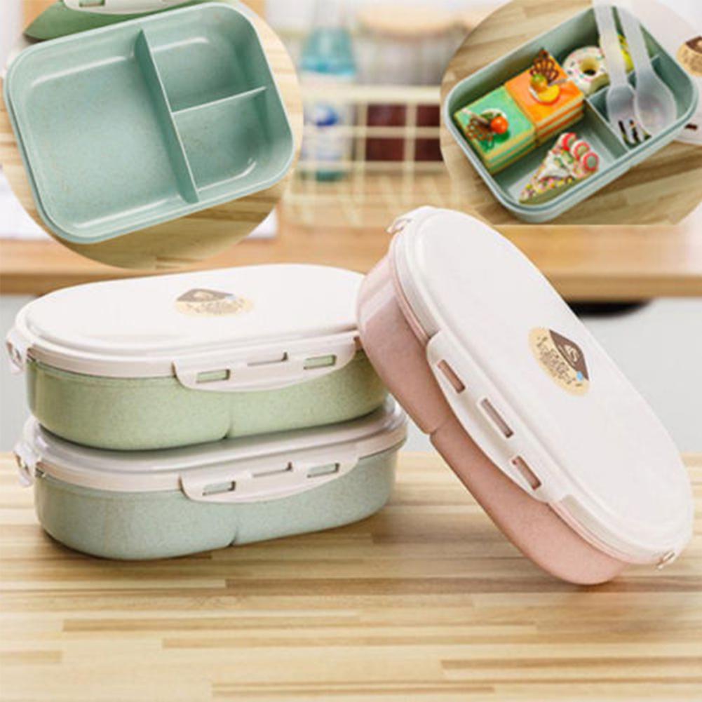 Healthy Wheat Straw Lunch Box Food Container Storage Children Kids School Office Portable Bento Box Lunchbox w/ Spoon Dinnerware: Pink