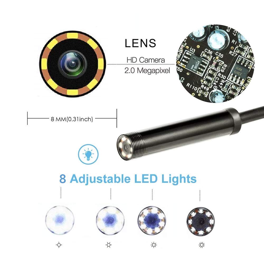 Endoscope Camera 1200P 8mm 1M 2M 5M Semi-Rigid USB Endoscope Type C Borescope Inspection Camera for Android Smartphone Windows