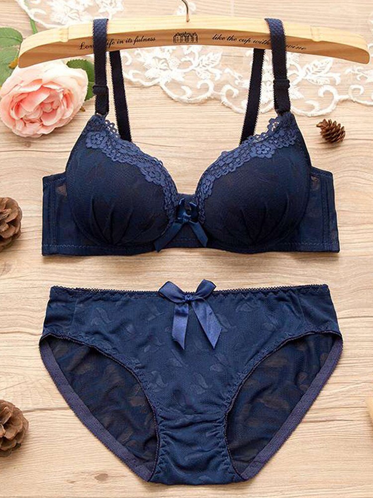 B Women Lace Padded Push Up No Steel Ring Small Chest Gathered Back Closure Adjustment Bow Adjusted-straps Bra Briefs Set: DL / 70B