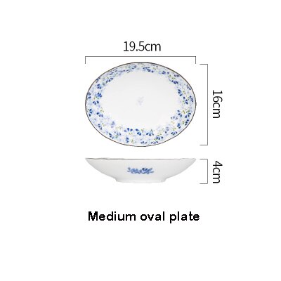 Serie de flores azules de estilo japonés, vajilla de cerámica de hueso claro, plato para el hogar, plato occidental, tazón de arroz, tazón grande: Medium oval plate